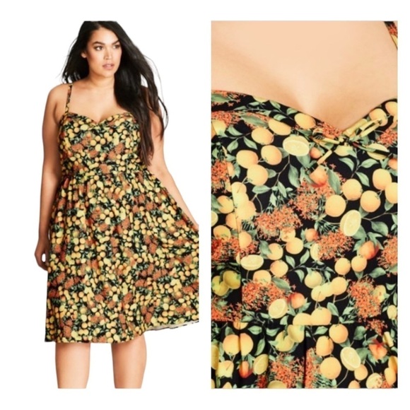 NWT CITY CHIC Black Citrus Lemon Print Sleeveless Fit n Flare Dress Size XS/14 - Picture 1 of 11